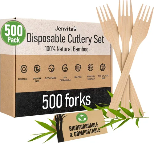 Vista 11 de Juego de cubiertos 100% de bambú - Juego de 100 cubiertos compostables