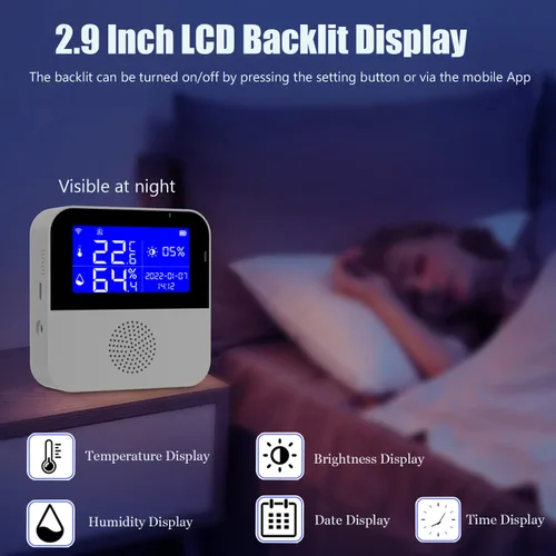 Vista 4 de Termómetro higrómetro WiFi con sonda impermeable: sensor inteligente de humedad de temperatura con pantalla LCD retroiluminada y función