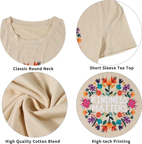 Vista 6 de Camisetas de profesor para mujer, camiseta con texto en inglés "Be Kindness", camisetas de salud mental, camiseta bohemia con gráficos florales