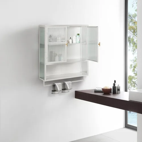 Vista 4 de Enclosed Storage Wall Cabinet with Two Doors, Open Shelf, and Towel Rack for Modern Entryway Living Room Bathroom Dining Room