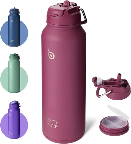 Vista 11 de Botella Botella Botella de agua deportiva de 40 oz de acero inoxidable, botella de agua aislada con popote y porta pastillas Aurora Verde azulado