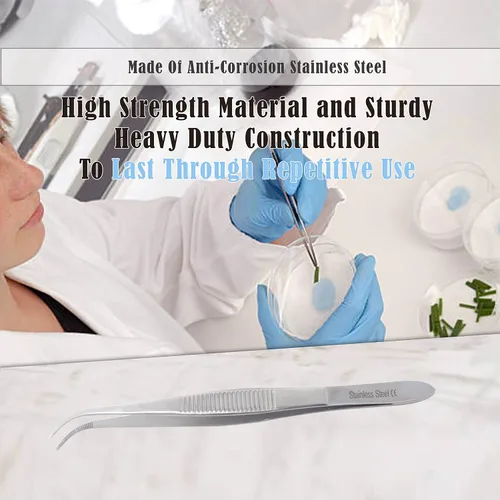 Vista 5 de Juego de 2 pinzas quirúrgicas de micro precisión con puntas dentadas, pinzas de laboratorio de acero inoxidable, puntas rectas y curvadas de punta