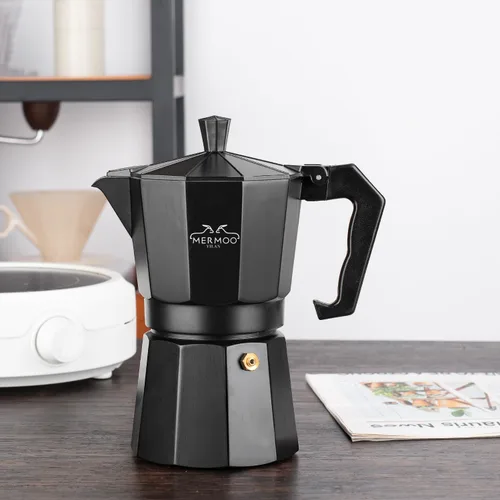 Vista 3 de MERMOO YILAN Moka Pot - Cafetera clásica para estufa, 6 tazas de café expreso de 10.1 fl oz, cafetera de estilo italiano negro Negro-10.1 fl oz