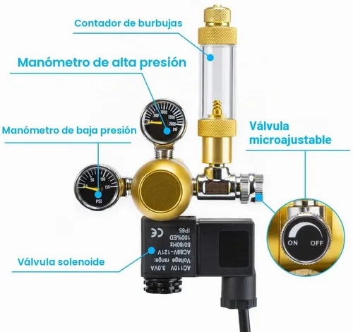 Vista 2 de DaToo Regulador de CO2 para acuario, pantalla de doble calibre con válvula de retención de solenoide de contador de burbujas ajustable para tanque