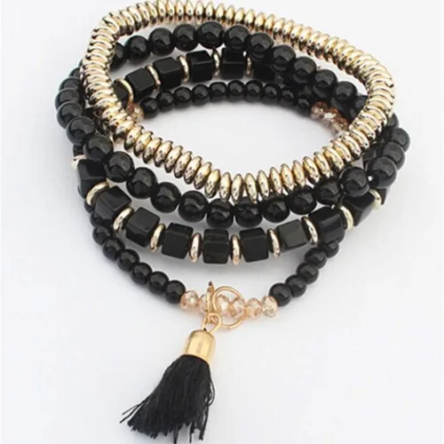 Vista 2 de YAZILIND Pulseras de cuentas de múltiples capas elásticas apilables pulsera Strand Beach brazalete bohemio borla colgante pulsera conjuntos
