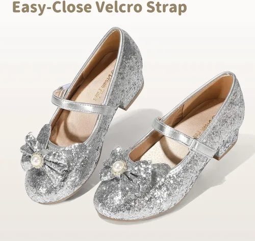 Vista 2 de DREAM PAIRS Zapatos de vestir para niñas, zapatos de princesa para niñas pequeñas, zapatos de tacón bajo Mary Jane con purpurina para fiesta