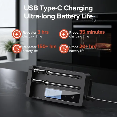 Vista 8 de Termómetro inalámbrico inteligente para carne, 2 sondas, base WiFi con Gris