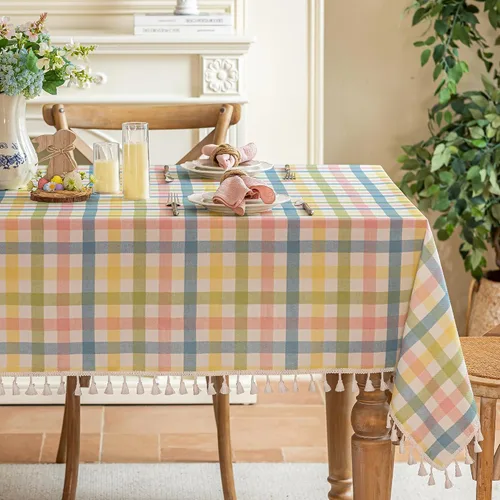 Vista 15 de JIALE - Mantel cuadrado de lino de algodón de cuadros Gingham con borlas, lavable, sin arrugas, mantel a cuadros de búfalo para fiesta al aire Beige