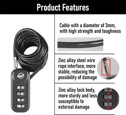 Vista 4 de Candado de combinación de 4 dígitos con cable de 47 pulgadas (47.2 in) adecuado para casilleros de gimnasio escolar, botes de basura, equipaje