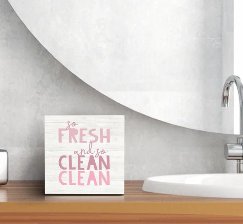 Vista 6 de SRADMO Letrero de madera con texto en inglés «So Fresh So Clean» para niños, decoración de escritorio con texto en inglés «So Fresh So Clean»