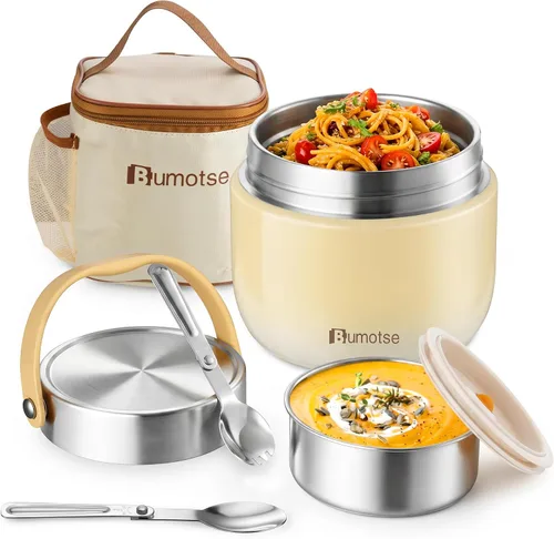 Vista 10 de Tarro de comida aislado de 40 onzas con 2 compartimentos, termo a prueba de fugas para comida caliente, boca ancha, acero inoxidable, incluye Negro