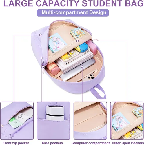 Vista 5 de LOIDOU Mochila para la escuela, adolescentes, niñas, niños, mochila casual, ligera, para estudiantes de secundaria, universidad, Púrpura, Casual