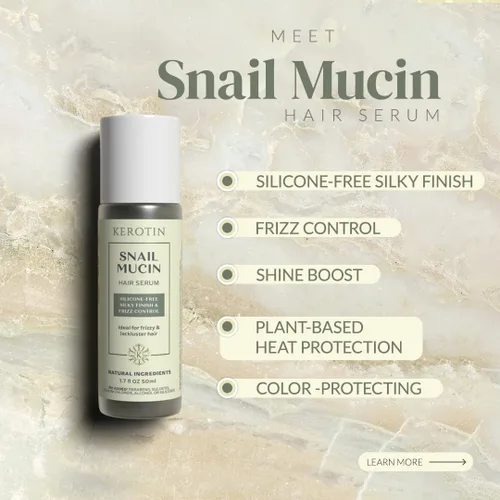 Vista 2 de Kerotin Snail Mucin Hair Serum - Acabado sedoso y control del encrespamiento. Ingredientes naturales. Protección térmica sin silicona, aprobado por