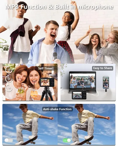 Vista 5 de Cámara Digital, FHD 1080P Cámara para Niños Digital con Zoom 16x Anti Vibración, Tarjeta de 32GB, 4K 48MP Cámaras Compactas Portátiles de Apuntar