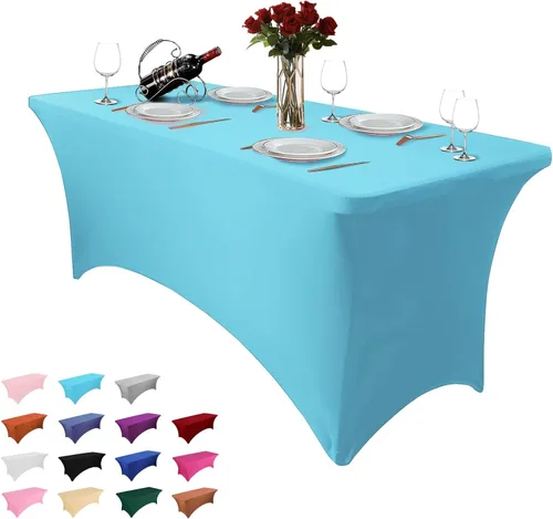 Vista 32 de Paquete de 2 manteles rectangulares de 4 pies para manteles rectangulares color gris azulado, elásticos, manteles de elastano para eventos