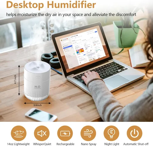 Vista 2 de HOTBAG Minihumidificador portátil para plantas de interior 500ml, pequeño humidificador de niebla fría USB recargable, minihumidificador
