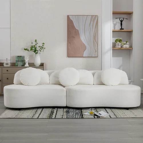Vista 3 de Moderno sofá tapizado de terciopelo de cordero de 103.9 pulgadas, sofá modular de 4 asientos con 3 almohadas largas y 3 almohadas redondas para sala
