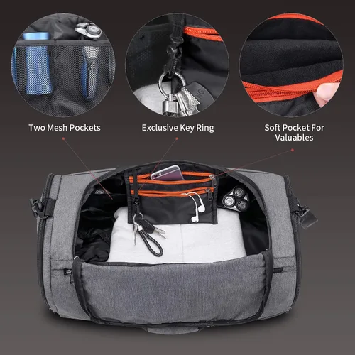 Vista 4 de Canway Bolsa deportiva para gimnasio, bolsa de viaje con bolsillo húmedo y compartimento para zapatos para hombres y mujeres, 45L, ligera