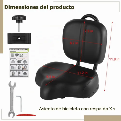Vista 4 de Asiento de bicicleta con respaldo, asiento de bicicleta extra ancho con soporte de espalda, asiento de bicicleta extra grande con almohadilla