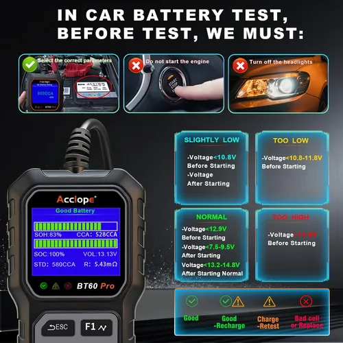 Vista 10 de BT60 Pro Probador de Batería de Coche, Analizador Digital con Impresión en la Nube, Verificador de Batería de 6V/12V/24V para AGM, Litio