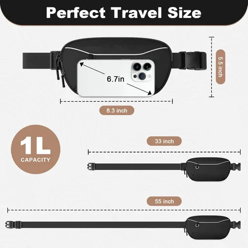 Vista 4 de BesTour Riñonera unisex para hombres y mujeres, bolsa de cinturón impermeable, bolsa cruzada con correa ajustable extendida de 54 pulgadas