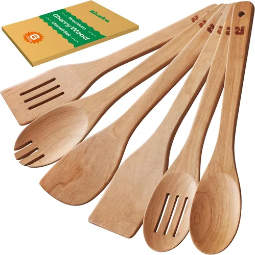 Vista 8 de Riveira Cucharas de madera de bambú para cocinar, 3 piezas, espátula de madera esencial para apartamento, cuchara antiadherente, juego de utensilios
