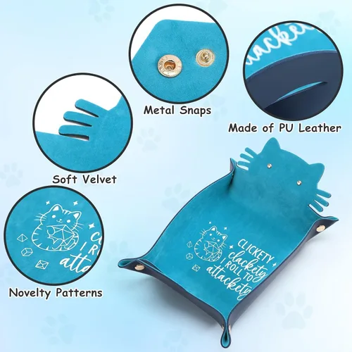 Vista 3 de Bandeja de Dados de Gato Azul Novedad Bandeja de Dados de Cuero PU con Forma de Gato Morado para Rodar Portátil Soporte de Dados Organizador
