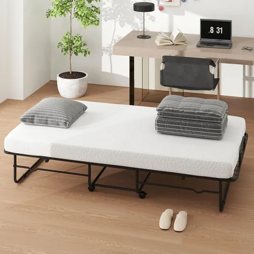 Vista 9 de Giantex Cama plegable individual con colchón, cama portátil enrollable con marco de metal resistente, cama plegable que ahorra espacio con colchón