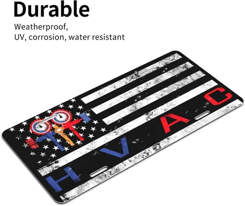 Vista 6 de Placa de matrícula de aluminio frontal personalizada vintage con bandera estadounidense de Técnico HVAC, adecuada para jugar al aire libre, 6 x 12