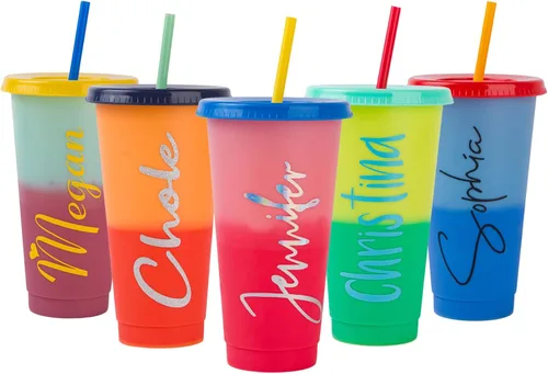 Vista 5 de Vasos que cambian de color con tapas y popotes, vasos de plástico reutilizables que cambian de color con tapa a prueba de salpicaduras, tazas que