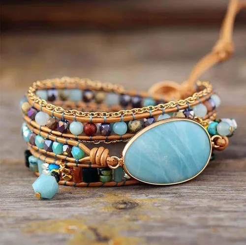 Vista 4 de ZOSOJONA Pulsera envolvente para mujer, estilo bohemio, con cuentas de cristal de jaspe natural, Cuero, Ágata