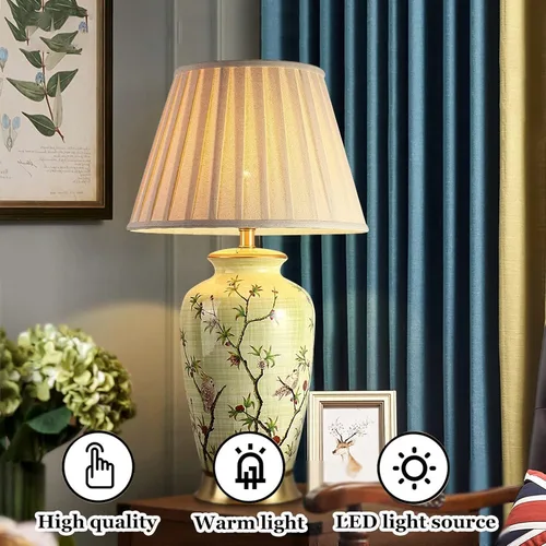 Vista 3 de Lámpara de mesa de cerámica con diseño de flores y pájaros, 27 chinoiserie, lámpara de mesa clásica para mesita de noche, mesita de noche
