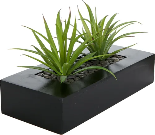 Vista 9 de MyGift - Grandes plantas artificiales de césped verde en maceta de 14 pulgadas en caja de madera maciza de acacia premium rectangular, centro