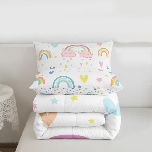 Vista 7 de Erosebridal Juego de edredón arcoíris de 2 piezas, edredón de nube de dibujos animados kawaii iridiscente individual para niños, niñas, mujeres