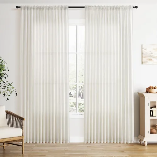 Vista 77 de Cortinas de lino verde aguamarina de 84 pulgadas de largo, juego de 2 paneles semitransparentes con bolsillo para barra para comedor, decoración