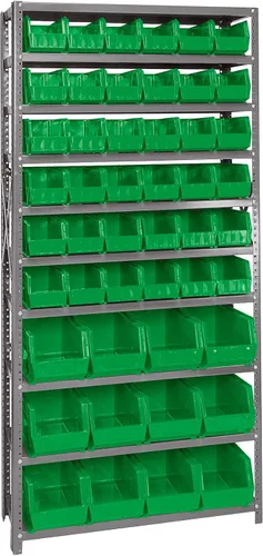 Vista 474 de Quantum QSBU-245BK Heavy Duty Shelving Unit with (7) Shelves and (24) QUS245 Black Bins for Garage Warehouse Storage Distribution 400 lb Load