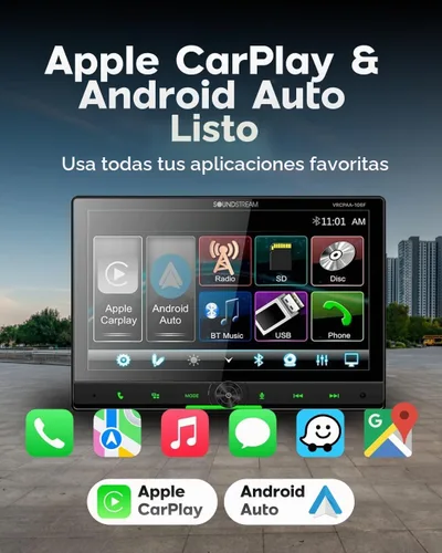 Vista 2 de Soundstream Estéreo flotante de 10.6 pulgadas con pantalla táctil doble DIN, VRCPAA-106F Apple CarPlay y Android Auto Head Unit, Bluetooth, receptor