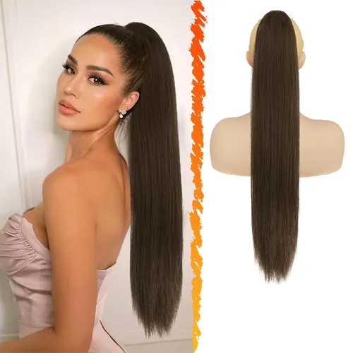 Vista 32 de Barsdar Extensión de cola de caballo marrón oscuro - Extensiones de cola de caballo cortas y rectas de 14 pulgadas con cordón para mujeres