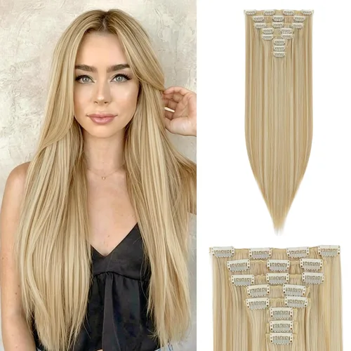 Vista 19 de S-noilite 8 piezas de extensiones de cabello largo con clip para mujer, extensiones de cabello sintético de doble trama, 18 pulgadas, #12H24 Honey