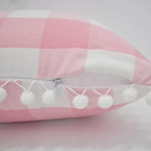 Vista 3 de Juego de 2 fundas de almohada cuadradas con pompones de algodón, estilo retro, estilo casa de campo, a cuadros, para sofá, automóvil, 12 x 12 Rosa