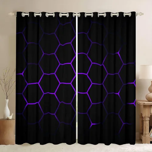 Vista 12 de Feelyou - Cortinas de ventana en forma de panal, tema geométrico hexagonal con luces de neón verdes, para chicos adolescentes y hombres, elegante