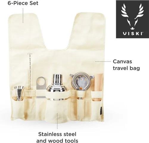 Vista 3 de Viski Juego de 6 piezas de barman de viaje, mezcladores de bebidas para cócteles, artículos esenciales de regalo: coctelera clásica de zapatero