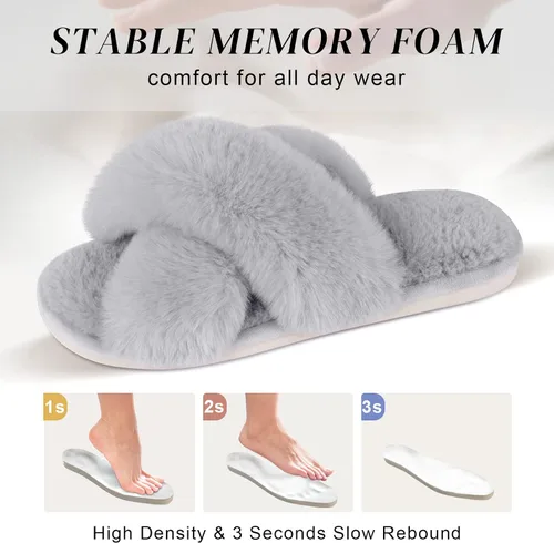 Vista 3 de Parlovable Women's Cross Band Slippers Fuzzy Soft House Slippers Plush Furry Warm Cozy Open Toe Fluffy Home Shoes Comfy Indoor Outdoor Slip On