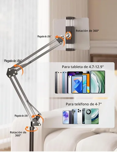 Vista 6 de Soporte de piso para tableta con base de metal pesado de 4.5 libras, soporte de teléfono elevado sobre la cama con ángulo y altura ajustables