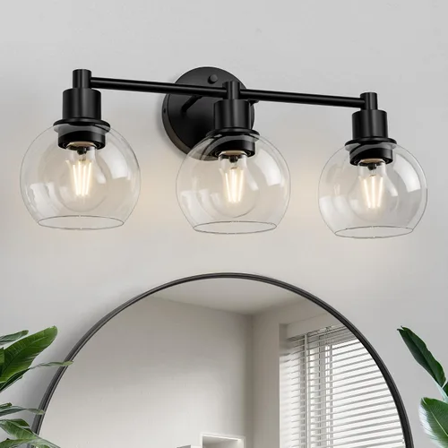 Vista 17 de 2 lámparas de baño, luces de tocador negras, luces de tocador de baño de granja, 2 luces, globo negro mate, accesorio de iluminación sobre espejo