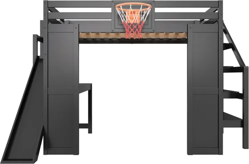 Vista 6 de Cama tipo loft de tamaño matrimonial con escritorio y tobogán para deportes Negro