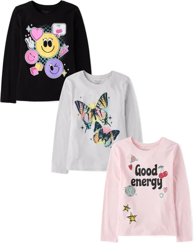 Vista 6 de The Children's Place Camisetas gráficas de manga larga surtidas para niñas Gato/Xolotl/Fox paquete de 3