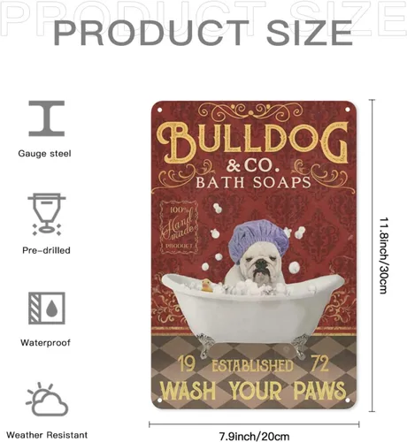 Vista 2 de Letrero de metal – Cartel de baño de Bulldog Wah Your Paws – Letreros de metal para decoración de pared para el hogar, oficina y casa de campo