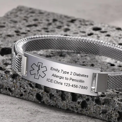 Vista 7 de VNOX Pulsera de identificación de alerta médica para hombres y mujeres, pulseras de alerta médica con grabado personalizado para mujeres y hombres