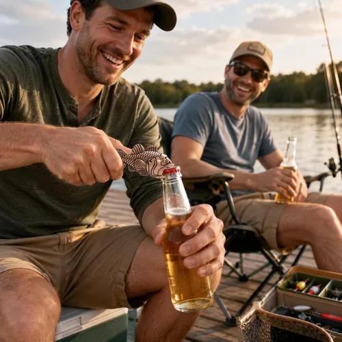 Vista 2 de Abrebotellas de pescado para hombres – Abrebotellas de pesca de cobre antiguo, abridor detallado de cerveza de bajo de boca grande, regalo